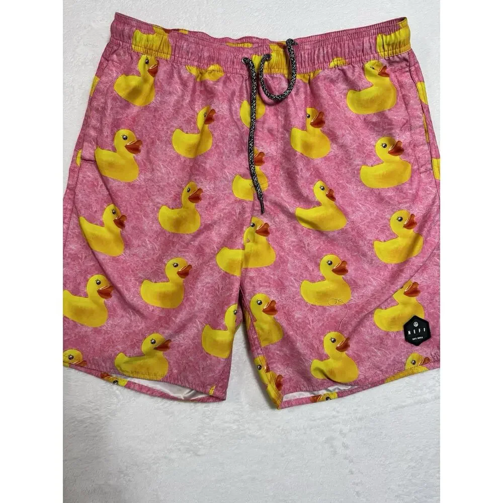 Neff Pink Board Shorts Swim Yellow Ducks Drawstring Closure Pockets | Sz: Large